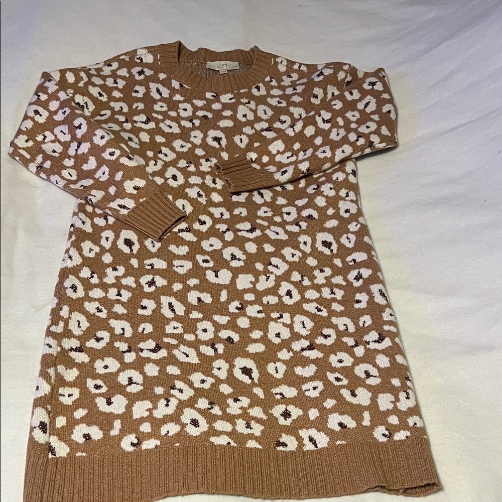 LOFT Tan and White Leopard Print Sweater Dress